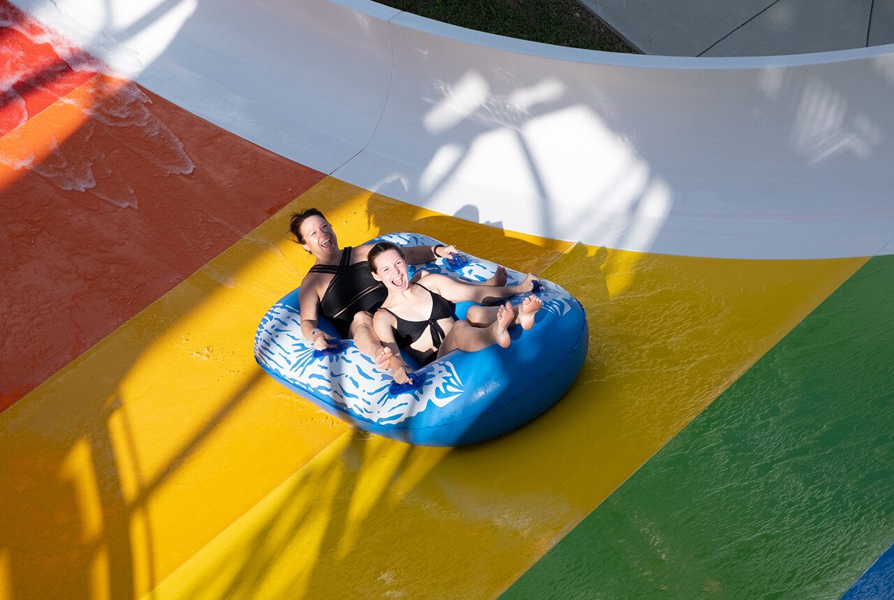 Guests on a slide at the Outdoor WaterPark